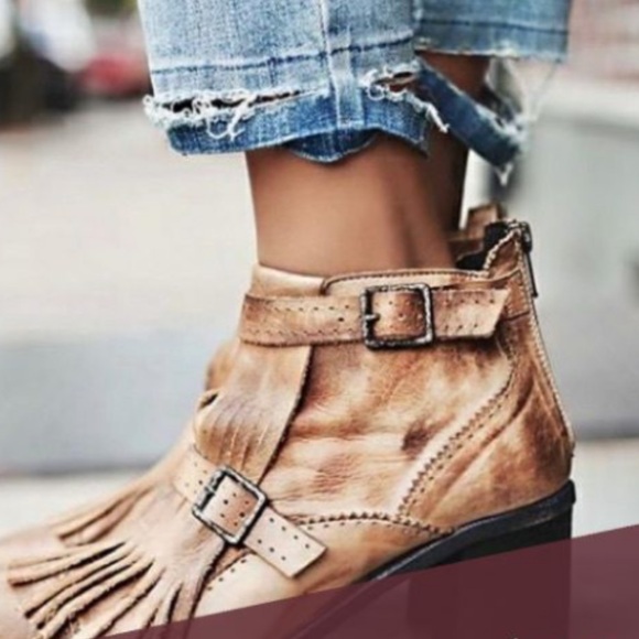 Free People | Tan leather block heel fringe boho western booties size 9 - Picture 16 of 16